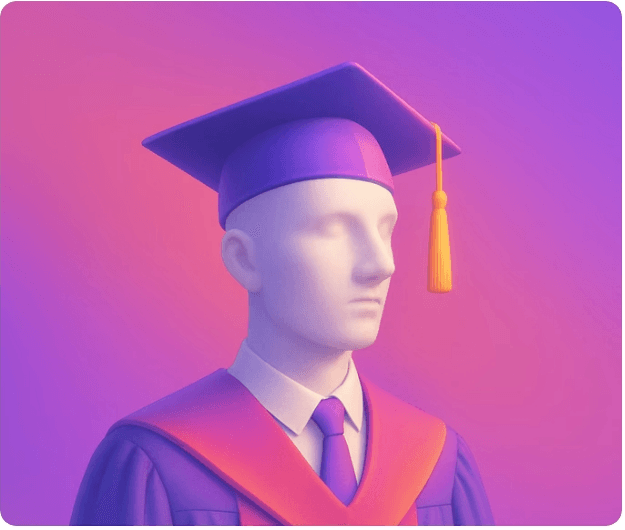 Graduate illustration in cap and gown on a purple gradient background